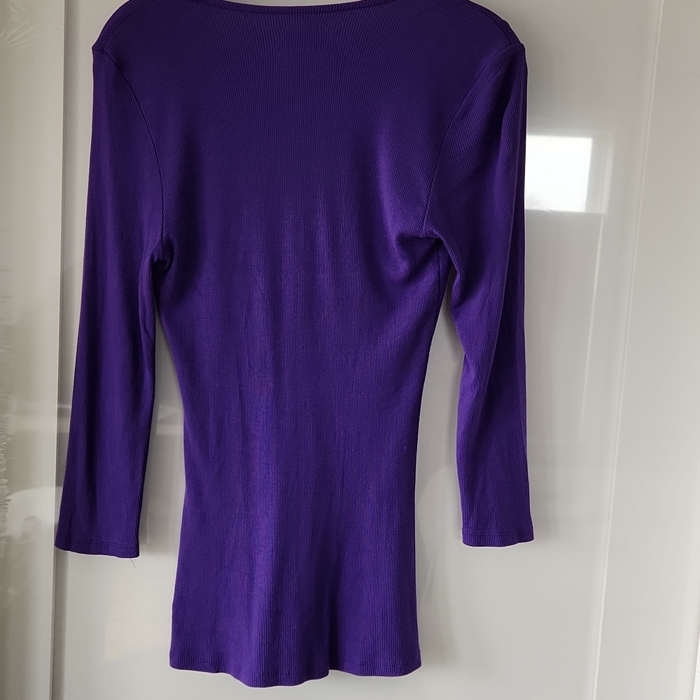 INC International Concepts Deep Purple Ribbed V-Neck Long Sleeve Top - Picture 3 of 4